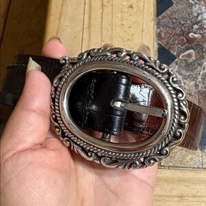 Brown Leather Belt with Ornate Silver Buckle